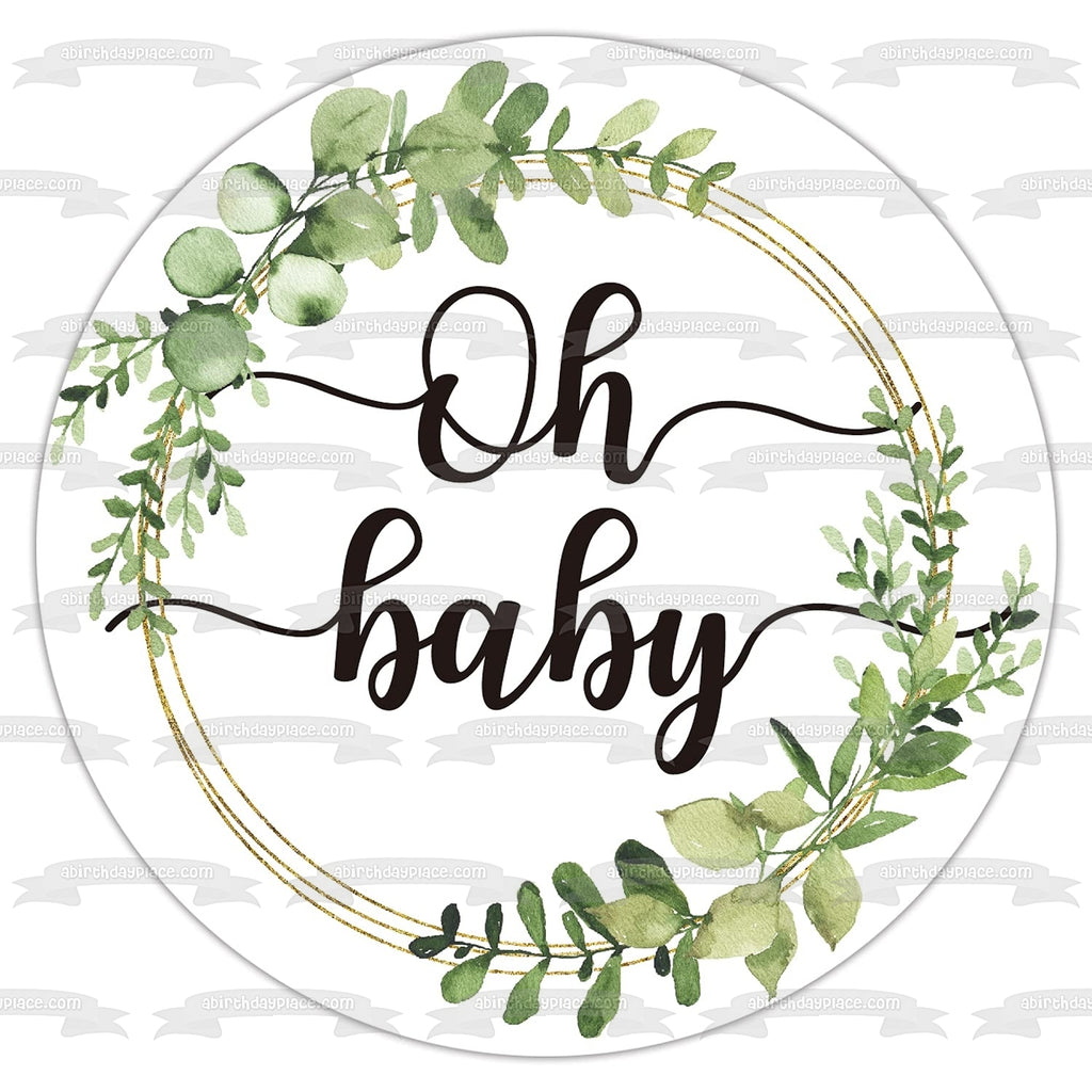 oh baby green foliage babyshower edible printed cupcake Toppers Wafer icing