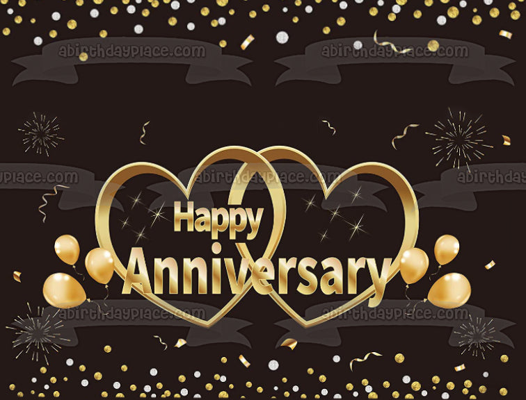 Happy Anniversary Gold Hearts Fireworks and Balloons Edible Cake Topper Image ABPID57224