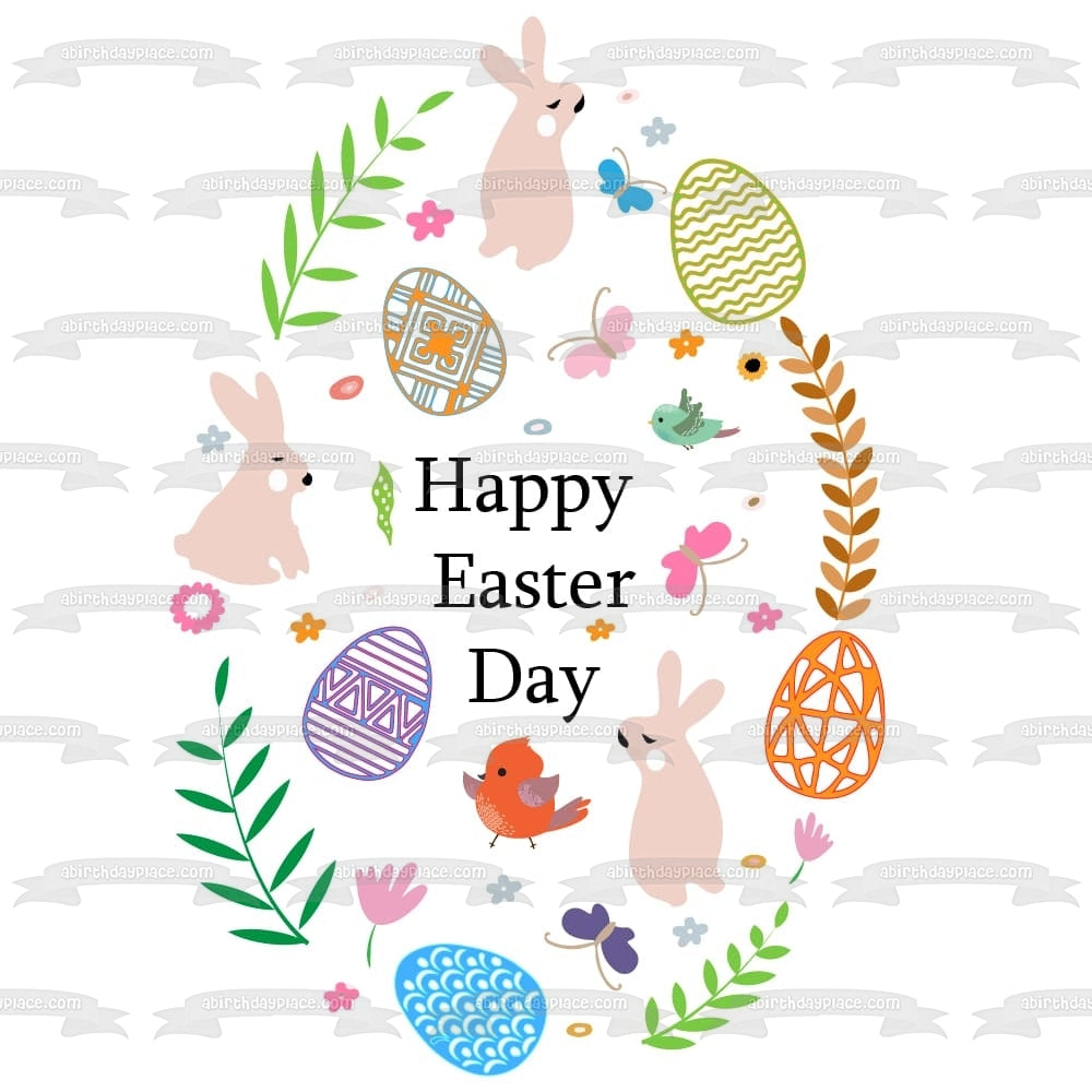 Happy Easter Day Rabbit Easter Eggs Baby Chick and Butterflies Edible Cake Topper Image ABPID57445