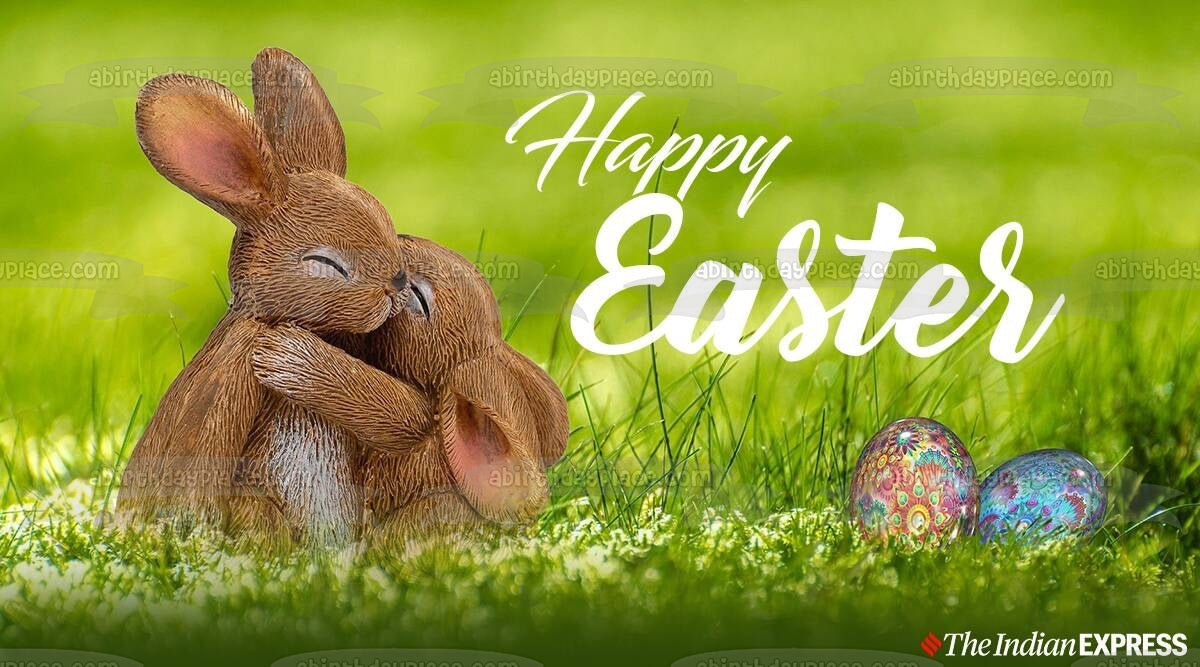 Happy Easter Colorful Easter Eggs and Bunnies Hugging Edible Cake Topper Image ABPID57449