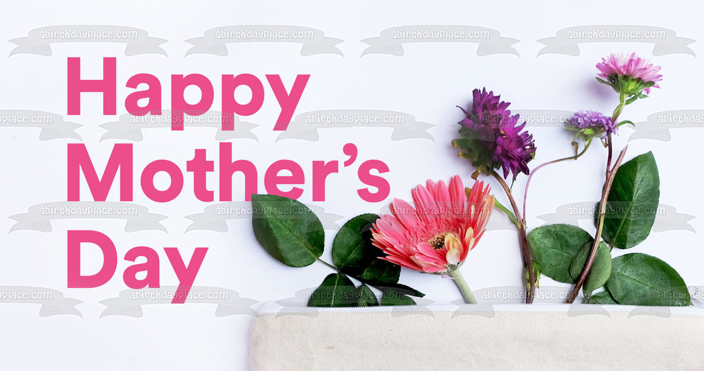 Happy Mother's Day Pink and Purple Flowers Edible Cake Topper Image ABPID57451
