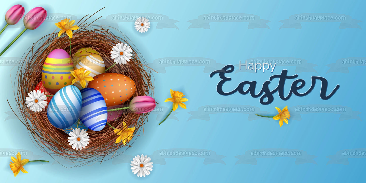 Happy Easter Colorful Flowers and Easter Eggs Edible Cake Topper Image ABPID57466