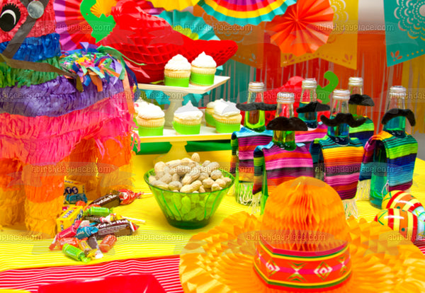 Happy Cinco De Mayo Piñatas Sombreros and Adult Beverages Edible Cake Topper Image ABPID57468