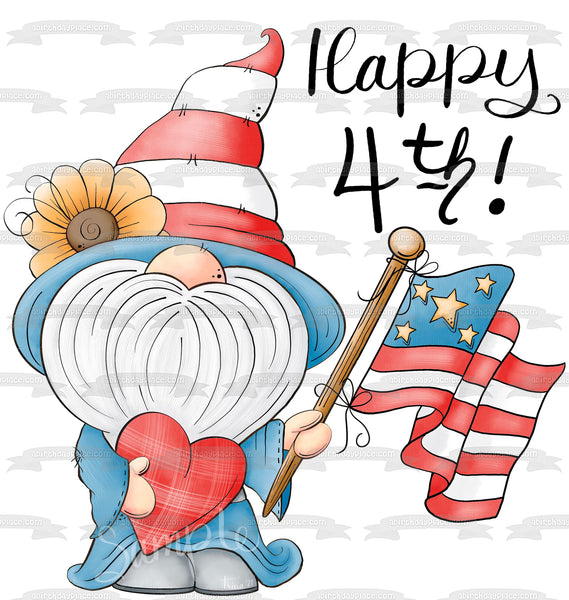 Happy 4th of July Gnome and the American Flag Edible Cake Topper Image ABPID57709