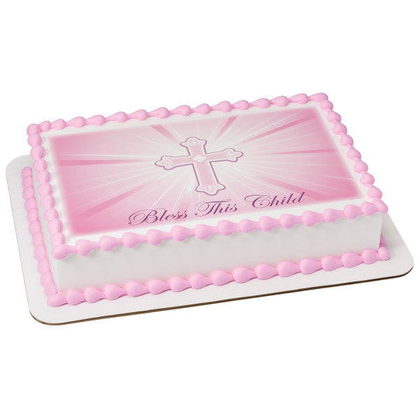 A Birthday Place - Cake Toppers - Bless This Child-Pink Edible Cake Topper Image