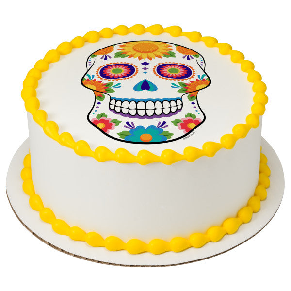White Sugar Skull Edible Cake Topper Image