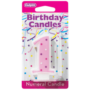 A Birthday Place - Cake Toppers - 1' Numeral Pink Dots Candles