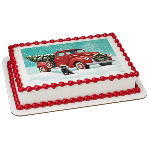 Classic Red Truck with Tree Edible Cake Topper Image