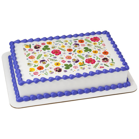 Bright Pressed Flowers Edible Cake Topper Image