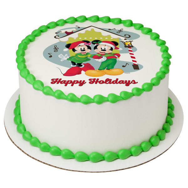Mickey Mouse and Minnie Mouse Happy Holidays Edible Cake Topper Image