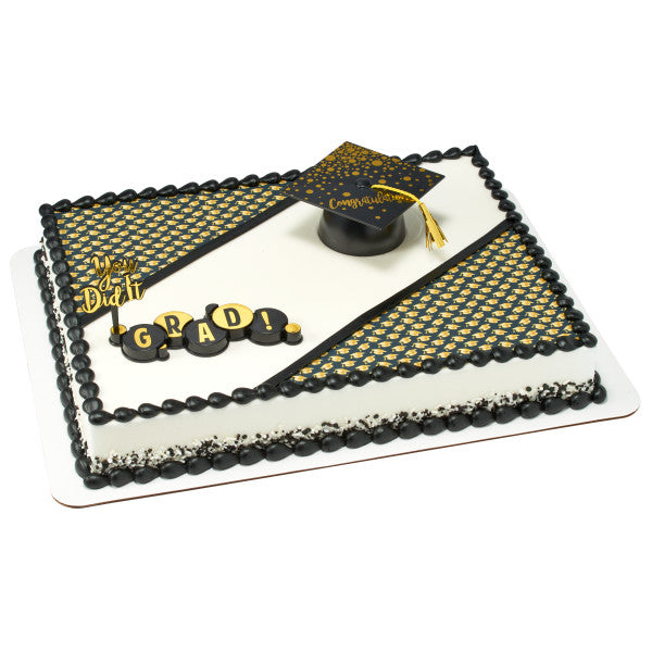 Black & Gold Grad Hats Edible Cake Topper Image