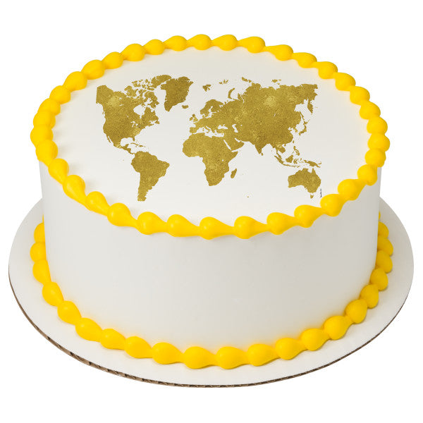 Gold World Map Edible Cake Topper Image