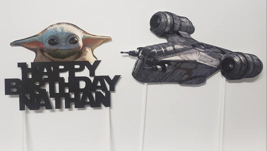 The Mandalorian Baby Yoda Grogu Razor Crest Personalized Cake Topper AMID115