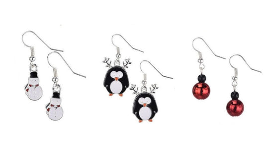 Pendientes Surtidos Pingüino, Muñecos de Nieve y Bolas Rojas
