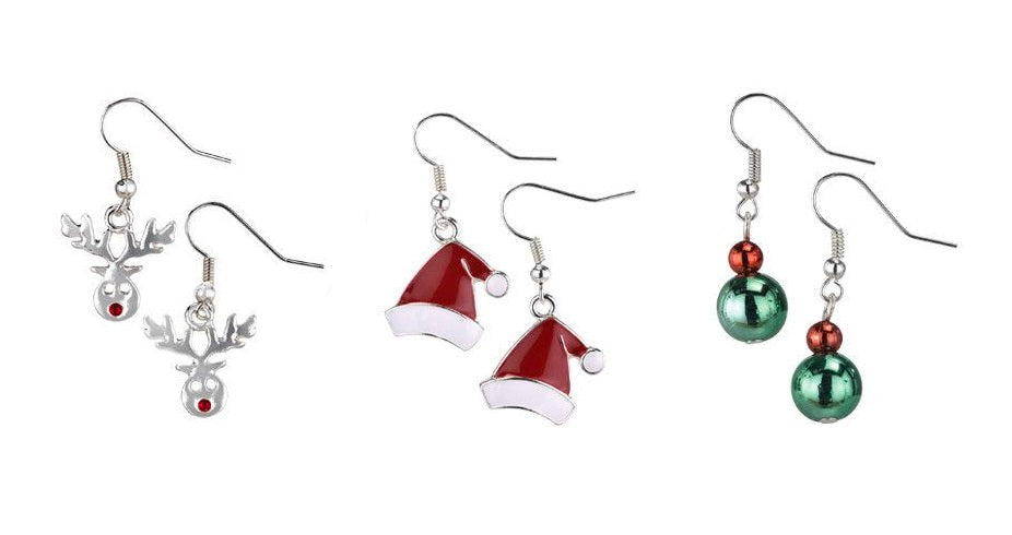 Santa Hat, Rudolph, and Green Balls Assortment Earrings