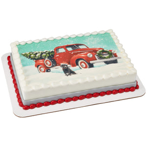 Classic Red Truck with Tree Edible Cake Topper Image