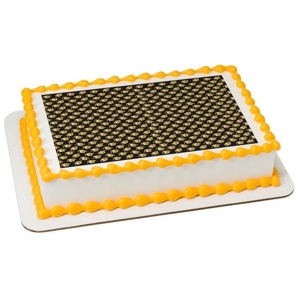 Black & Gold Grad Hats Edible Cake Topper Image