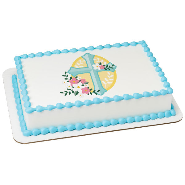 Cross with Flowers Edible Cake Topper Image