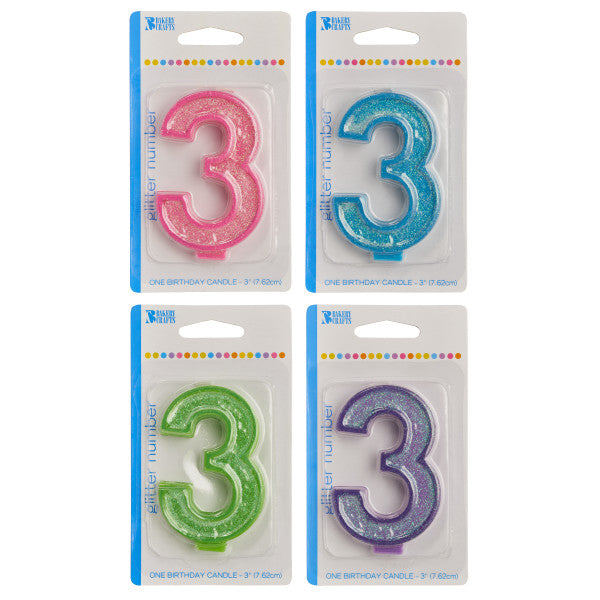 A Birthday Place - Cake Toppers - Bakery Crafts '3' Numeral Glitter Candles